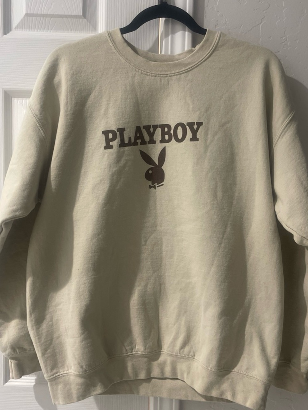 PLAYBOY Men's Crewneck Sweatshirt in Cream with Brown Logo